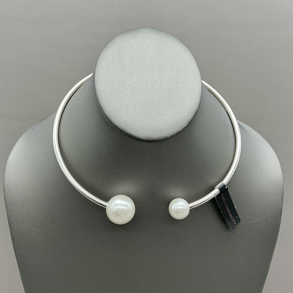 Rebecca Minkoff Necklace Silver Tone Pearl Open Collar Choker Womens Jewelry